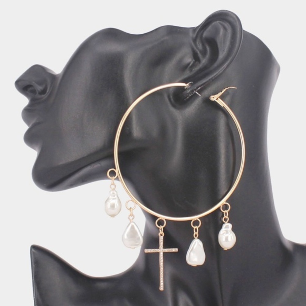 Gold Lady pearl hoop earrings charms cross